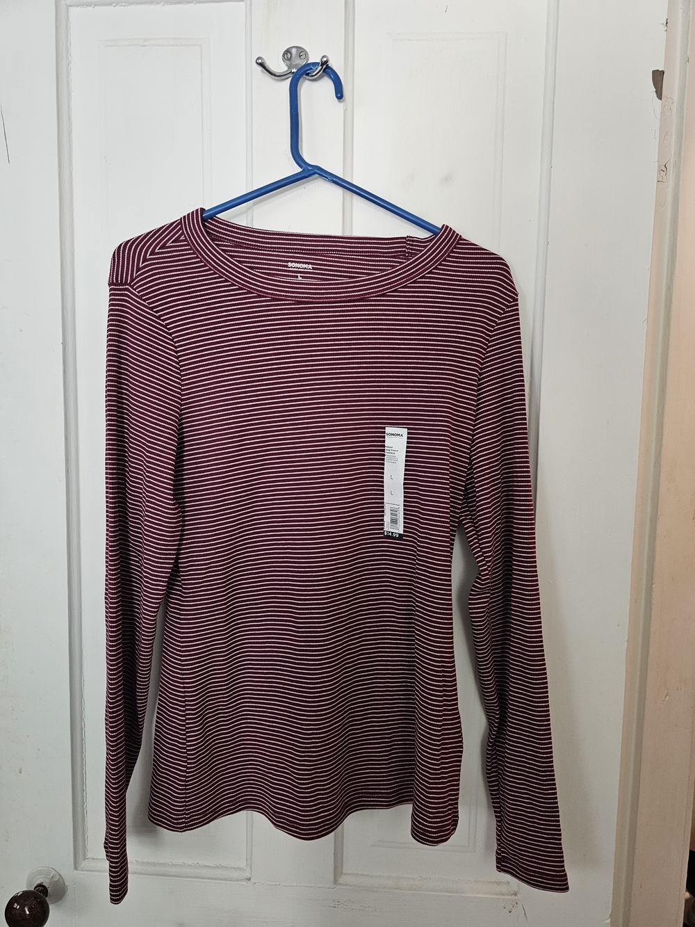 Sonoma Burgundy and White Striped Long Sleeve Tee